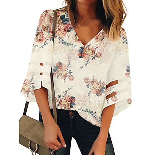 

Women's Tops Floral T-shirt - Print V Neck Daily White S M L XL 2XL 3XL