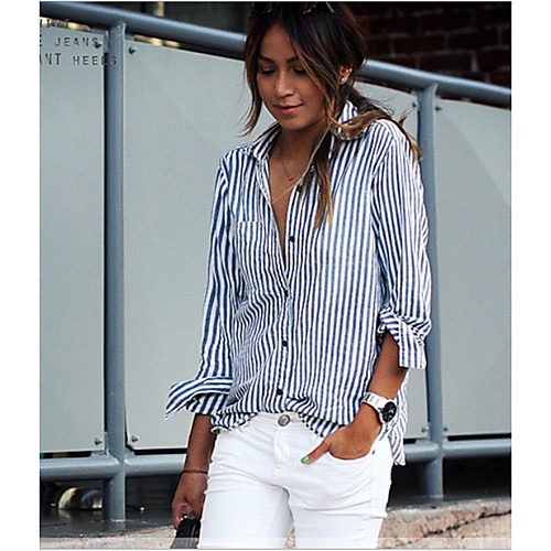 

Women's Striped Shirt - Cotton Daily Work V Neck Blue