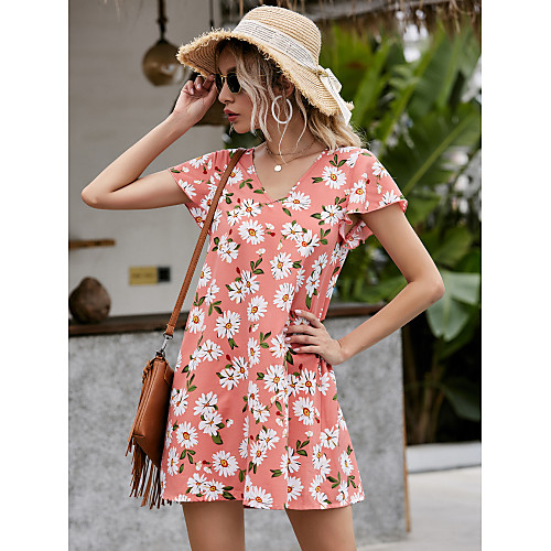 

Women's Sundress Daisy Short Mini Dress - Short Sleeves Floral Ruffle Summer Elegant Mumu Holiday Going out 2020 Blushing Pink S M L XL