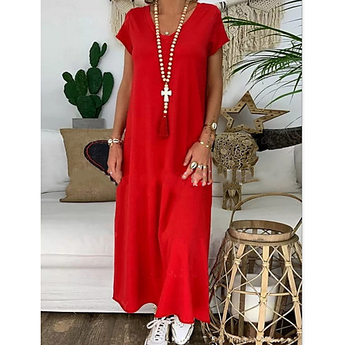

Women's Shift Dress - Short Sleeves Solid Color Summer V Neck Street chic 2020 Red S M L XL XXL XXXL