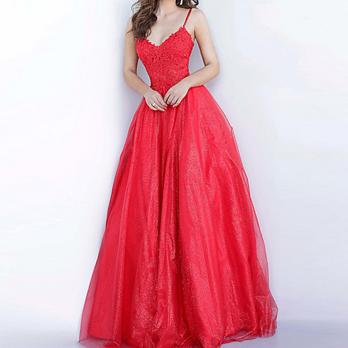 

Ball Gown Elegant Floral Engagement Prom Dress Spaghetti Strap Sleeveless Floor Length Tulle with Pleats Appliques 2020