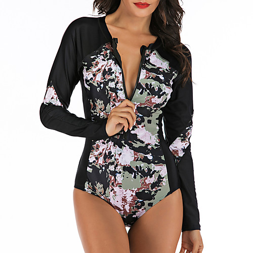 

Women's One Piece Swimsuit Swimwear UV Sun Protection Breathable Quick Dry Long Sleeve Front Zip - Swimming Water Sports Camouflage Summer / Stretchy