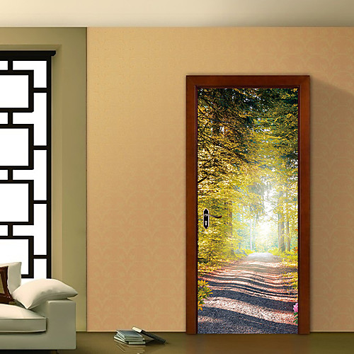 

3D Bamboo Forest Trail Landscape Waterfalls Door Wall Sticker Living Room Kitchen PVC Self-Adhesive Waterproof Sticker On The Doors Wallpaper 1 set 2pcs