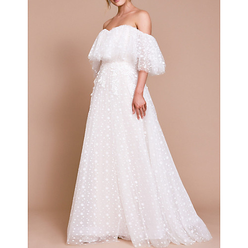 

A-Line Wedding Dresses Off Shoulder Sweep / Brush Train Tulle Half Sleeve Beach Sexy Wedding Dress in Color Backless with Pleats Embroidery Appliques 2021