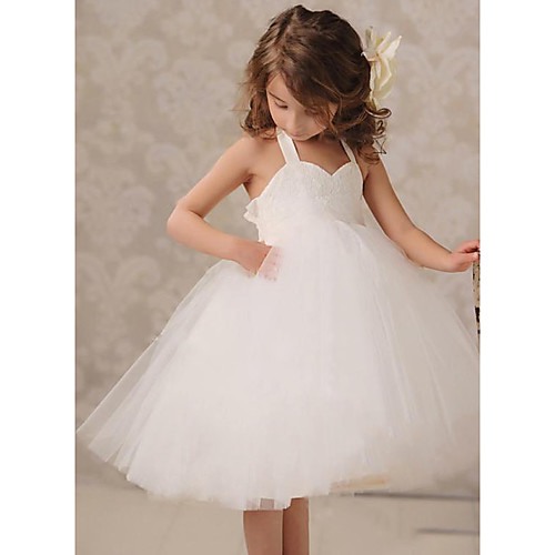 

A-Line Knee Length Party / Wedding Flower Girl Dresses - Lace / Tulle Sleeveless Jewel Neck with Ruching