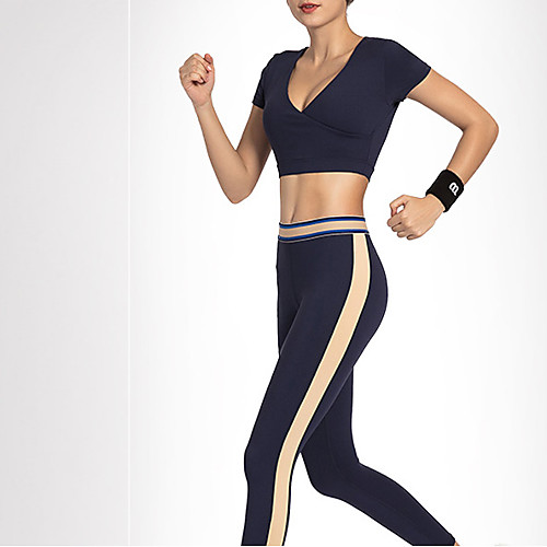 

Women's 2pcs Tracksuit Yoga Suit Fashion Black Burgundy Royal Blue Running Fitness Gym Workout High Waist Tights Leggings Crop Top Short Sleeve Sport Activewear Breathable Tummy Control Butt Lift