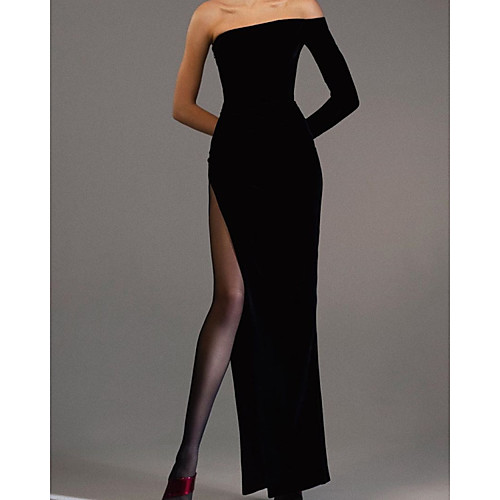 

Sheath / Column Elegant Black Engagement Formal Evening Dress Off Shoulder Long Sleeve Floor Length Velvet with Sleek Split 2020