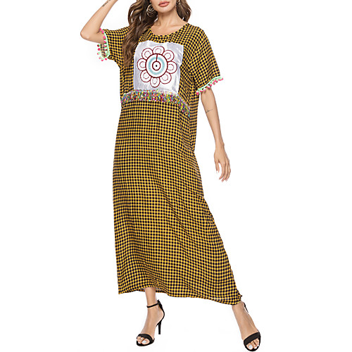 

Women's Maxi Sun Flower Shift Dress - Short Sleeves Print Tassel Fringe Patchwork Summer Casual Elegant Daily Going out Loose 2020 Yellow M L XL XXL / Cotton