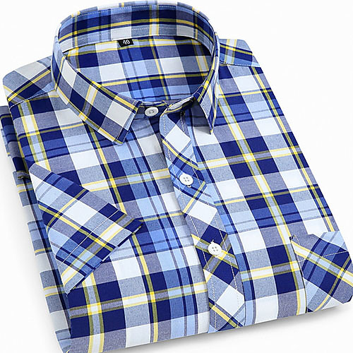 

Men's Plaid Print Shirt - Cotton Daily Button Down Collar Blue / Short Sleeve