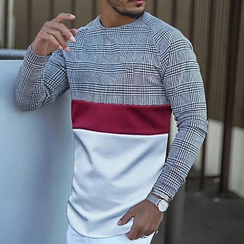 

Men's Geometric Print Slim T-shirt Daily Round Neck Gray / Long Sleeve