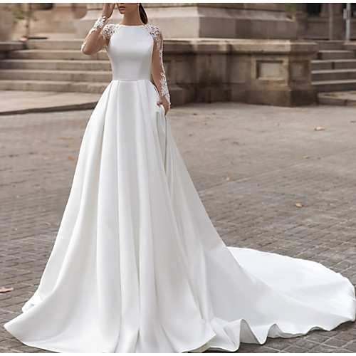 

A-Line Wedding Dresses Jewel Neck Court Train Lace Satin Long Sleeve Sexy See-Through with Embroidery 2020