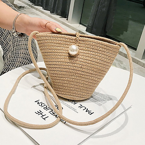 

Women's Buttons Straw Crossbody Bag Solid Color Camel