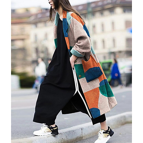 

Women's Coat Daily Going out Regular Color Block Khaki S / M / L