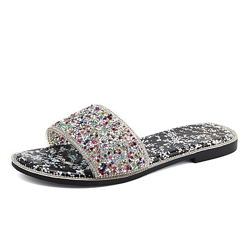 

Women's Slippers & Flip-Flops 2020 Spring & Fall / Spring & Summer Flat Heel Open Toe Classic Minimalism Daily Beach Crystal / Sparkling Glitter PU Black / Light Pink