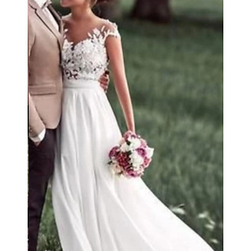 

A-Line Wedding Dresses Jewel Neck Sweep / Brush Train Lace Chiffon Over Satin Short Sleeve Beach Sexy See-Through with Sashes / Ribbons Embroidery 2021
