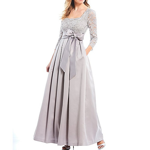 

A-Line Mother of the Bride Dress Elegant Square Neck Floor Length Chiffon Lace 3/4 Length Sleeve with Sash / Ribbon Pleats Appliques 2020