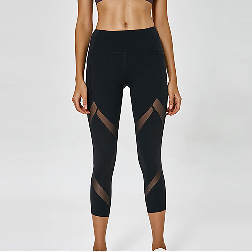 

Women's High Waist Yoga Pants Pocket Patchwork Black Purple Pink Blue Mesh Elastane Running Fitness Gym Workout 3/4 Capri Pants Sport Activewear Breathable Tummy Control Butt Lift Moisture Wicking
