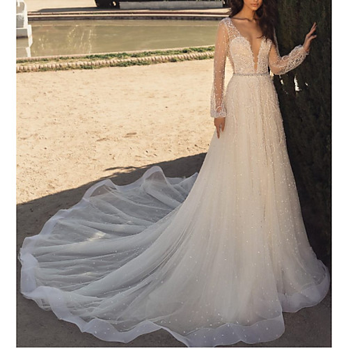 

A-Line Wedding Dresses Plunging Neck Sweep / Brush Train Tulle Long Sleeve Beach Sexy See-Through with Crystals Embroidery 2020