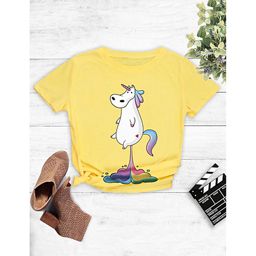 

Women's Cartoon Print Loose T-shirt Basic Daily Going out White / Black / Yellow / Blushing Pink / Gray