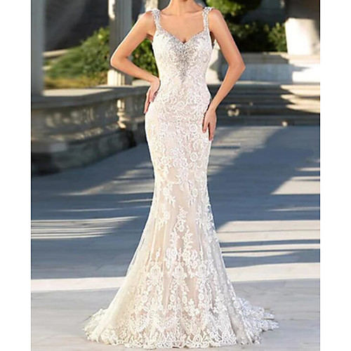 

Mermaid / Trumpet Wedding Dresses V Neck Spaghetti Strap Sweep / Brush Train Lace Tulle Sleeveless Sexy with Embroidery 2020