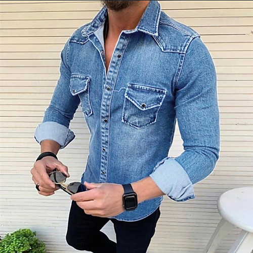 

Men's Daily Spring & Fall / Spring Regular Jacket, Solid Colored Shirt Collar Long Sleeve Polyester Blue / Dark Gray / Black