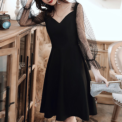 

A-Line Minimalist Homecoming Cocktail Party Dress V Neck Long Sleeve Knee Length Spandex Tulle with Sleek 2021