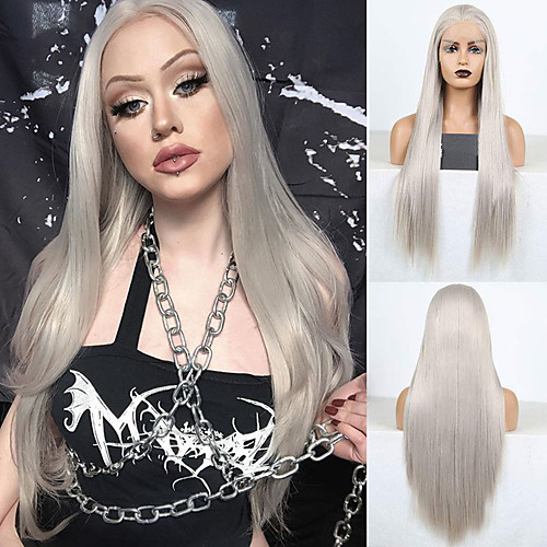 

Synthetic Lace Front Wig Straight Free Part Lace Front Wig Long Grey Synthetic Hair 18-26 inch Women's Soft Adjustable Party Green Gray