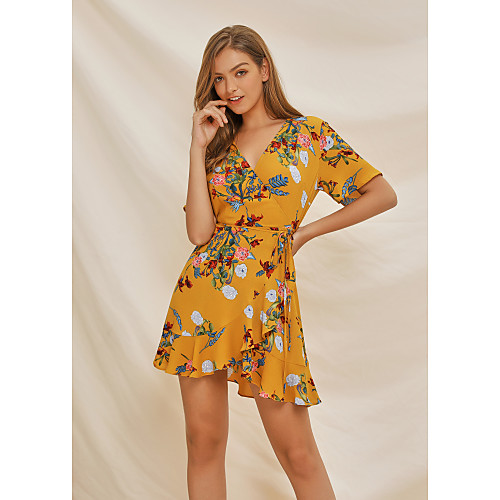 

Women's Sundress Short Mini Dress - Short Sleeves Floral Layered Summer Elegant Mumu Holiday Going out 2020 Yellow S M L XL XXL