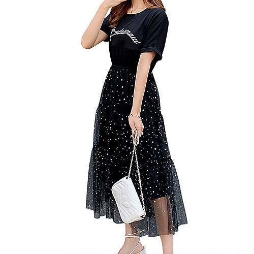 

Women's A Line Dress - Short Sleeves Letter Summer Fall Glitters Holiday Going out Slim 2020 White Black Gray M L XL XXL XXXL