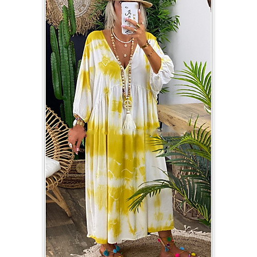 

Women's Shift Dress Knee Length Dress - Long Sleeve Print Tie Dye Summer Casual Chinoiserie 2020 Black Purple Yellow Khaki S M L XL XXL XXXL