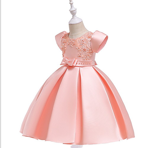 

Ball Gown Knee Length Party / Wedding Flower Girl Dresses - Lace / Mikado Short Sleeve Jewel Neck with Bow(s) / Beading