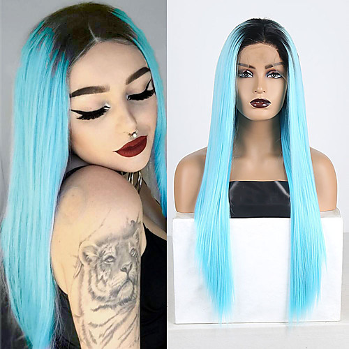 

Synthetic Lace Front Wig Silky Straight Middle Part Lace Front Wig Ombre Long Ombre Blue Synthetic Hair 18-26 inch Women's Adjustable Heat Resistant Synthetic Blue Ombre