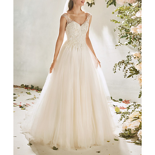 

A-Line Wedding Dresses V Neck Sweep / Brush Train Lace Tulle Cap Sleeve Vintage Sexy Wedding Dress in Color Backless with Pleats Appliques 2020