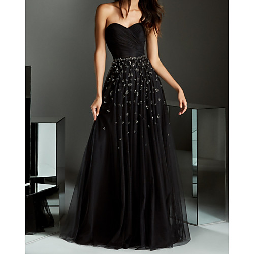 

A-Line Minimalist Black Party Wear Prom Dress Strapless Sleeveless Floor Length Chiffon with Pleats Beading 2020