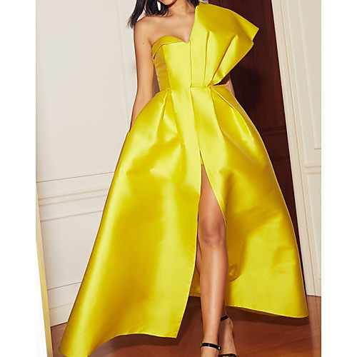 

A-Line Elegant Yellow Engagement Formal Evening Dress One Shoulder Sleeveless Floor Length Satin with Pleats Split 2020