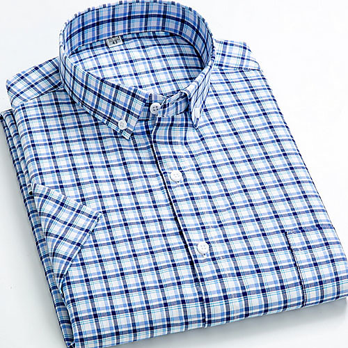 

Men's Plaid Print Shirt - Cotton Daily Button Down Collar Blue / Short Sleeve