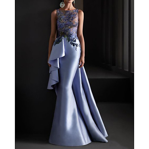 

Mermaid / Trumpet Elegant Floral Engagement Formal Evening Dress Jewel Neck Sleeveless Floor Length Lace Satin with Pleats Appliques 2021