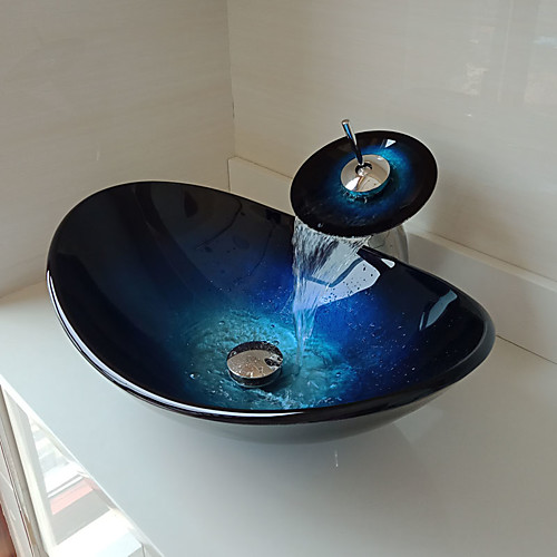 

Boat Shape Blue Tempered Glass Vessel Sink with Waterfall Faucet Pop - Up Drain and Mounting Ring