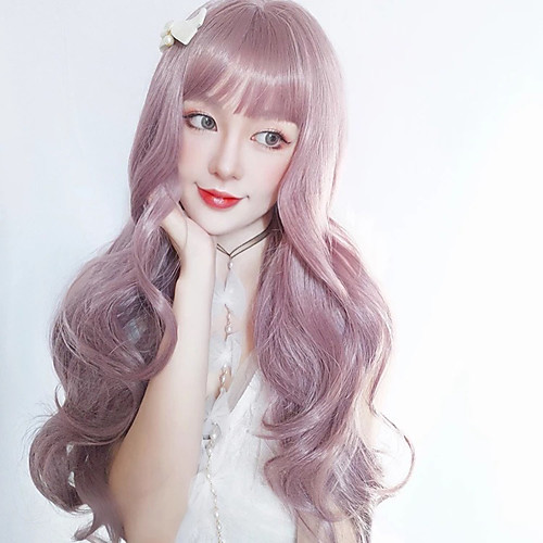 

Synthetic Wig Curly With Bangs Wig Long Light golden PinkRed Silver grey Synthetic Hair 18 inch Women's Women Easy dressing Lovely Pink Gray