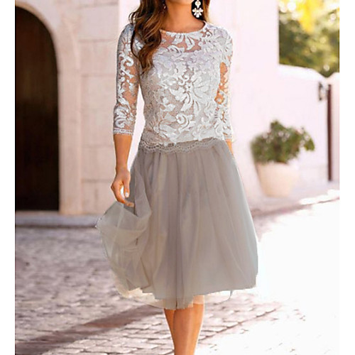 

Women's A Line Dress - 3/4 Length Sleeve Lace Mesh Spring & Summer Elegant Going out Beige M L XL XXL XXXL