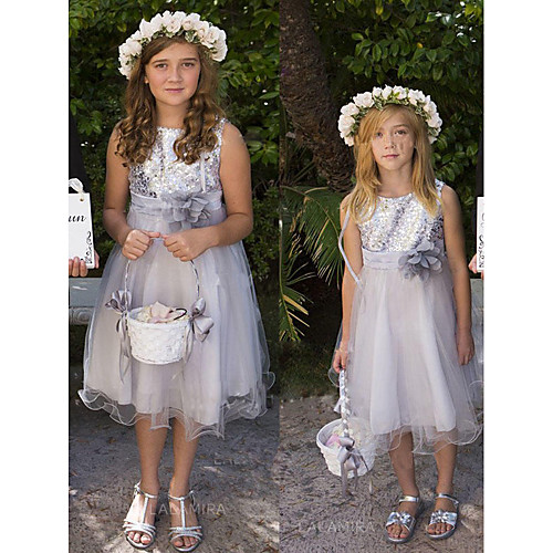 

A-Line Knee Length Wedding / Party Flower Girl Dresses - Tulle / Sequined Sleeveless Jewel Neck with Appliques / Paillette