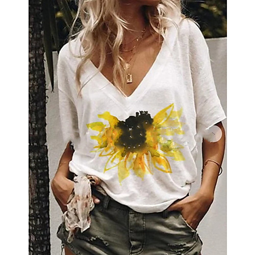 

Women's T-shirt Geometric Tops V Neck Daily Summer White S M L XL 2XL 3XL