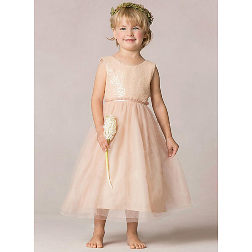 

A-Line Ankle Length Party / Wedding Flower Girl Dresses - Tulle / Sequined Sleeveless Jewel Neck with Ruching