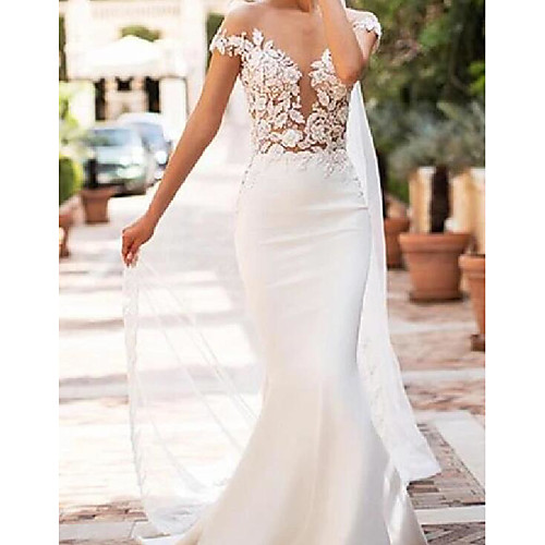 

Mermaid / Trumpet Wedding Dresses Jewel Neck Court Train Lace Satin Cap Sleeve Sexy See-Through with Embroidery 2021