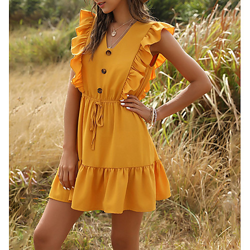 

Women's Mini Shirt Dress - Sleeveless Solid Color Summer V Neck Casual 2020 Yellow Green S M L XL