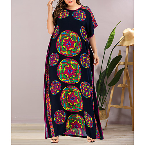 

Women's Plus Size Maxi Shift Dress - Short Sleeves Geometric Split Summer Casual Elegant Daily Going out Loose 2020 Rainbow One-Size