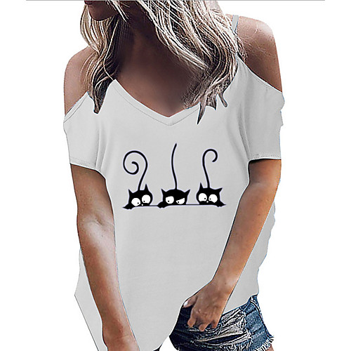 

Women's Tops Geometric T-shirt V Neck Daily Summer White Black Blue S M L XL 2XL