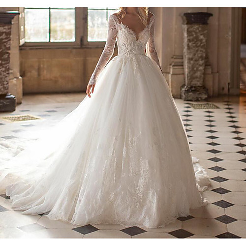 

Ball Gown Wedding Dresses Jewel Neck Court Train Lace Tulle Long Sleeve Formal See-Through with Embroidery 2020