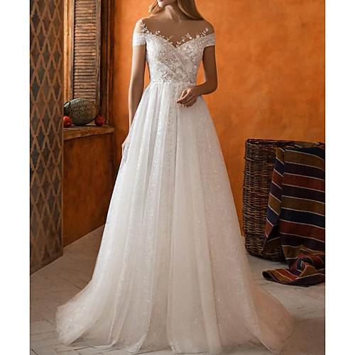 

A-Line Wedding Dresses Jewel Neck Sweep / Brush Train Lace Tulle Short Sleeve Country with Appliques 2020
