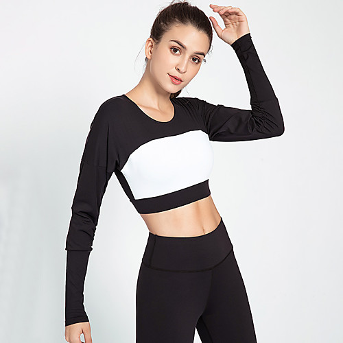 

Women's Crop Top Color Block Black Purple Green Yoga Running Fitness Tee / T-shirt Long Sleeve Sport Activewear Breathable Quick Dry Comfortable Stretchy